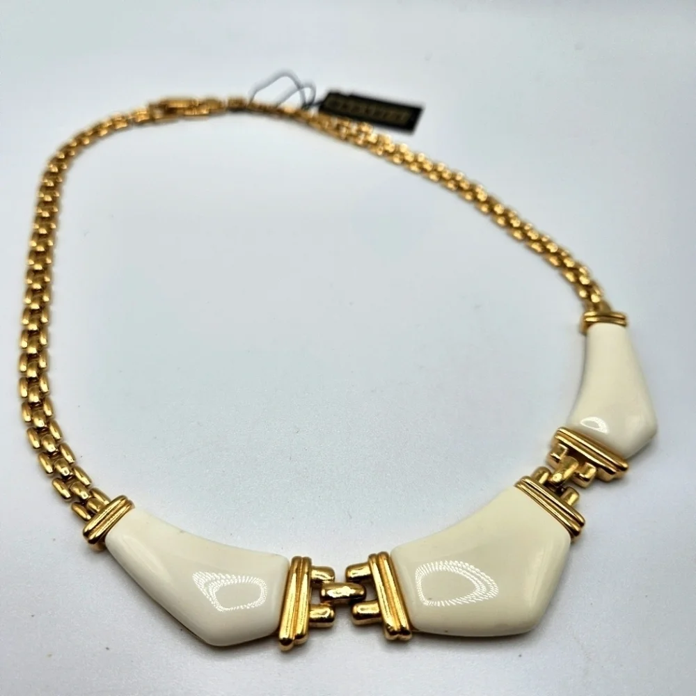 NEW VINTAGE Citation Cream Enamel Panel Statement Gold Tone Necklace